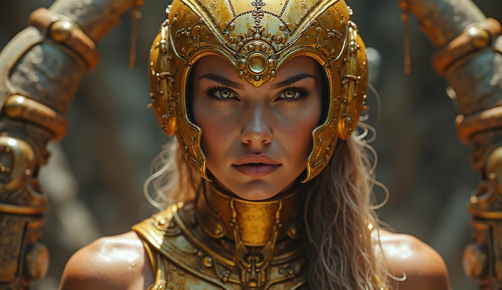 (masterpiece, highly detailed:1.3), detailed portrait of a Spartan woman wearing her war helmet, (intense and determined expression:1.2), piercing eyes, (strong jawline:1.1), intricate helmet design with crest, (dusty battle-worn appearance:1.1), hint of battle scars, (gritty texture:1.1), shadows playing against the helmet's metal surface, historical authenticity, fierce and stoic demeanor, warrior spirit captured in her gaze, subtle hints of ancient Spartan culture, dynamic lighting highlighting the helmet's craftsmanship, emphasis on strength and resilience, intense character study.