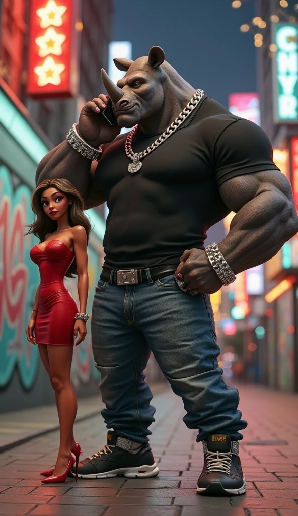 Pornstar Fusion, full body bodybuilder, dj, rapper, multimillionaire, Famous, masculine, disease, eyes, tough man, 1,85cm and 120kg of pure muscle 8% body fat , Silver chain with gold diamonds., Rolex luxury watch, 8 pack abs, You can see a big bulge in his pants, revealing his big XXL penis, which he hides full-length, 25 cm, in tight jeans and Everlast shoes, in front of two delighted and passionate women in leather and boots.. Background on an old street in Tokyo full of vibrant neon lights illuminating the numbered signs of the shops.