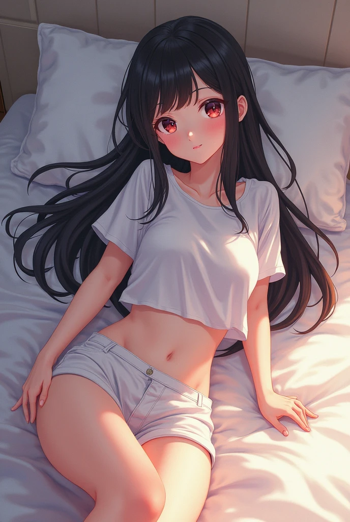 (best quality,high resolution,Beautiful detailed eyes,White lighting:1.2),red eyes, looking at viewer, long hair, black hair, blush, laying on bed,,small shirt,small scurt,exposed stomach, medium breasts