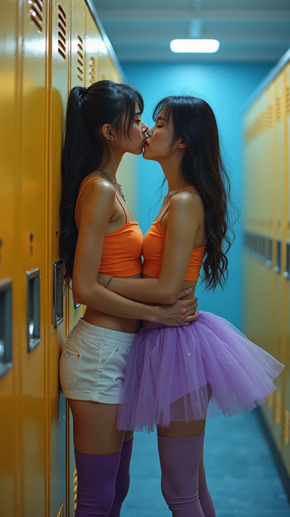 Female kpop idols kissing in panties in a corner of the school floor