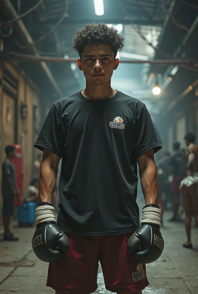 Boxer punching with his right hand while his left hand is guarding. He has a strong, muscular build.。
 Wearing white bandages。A middle school student with ripped abs on a boxing ring.