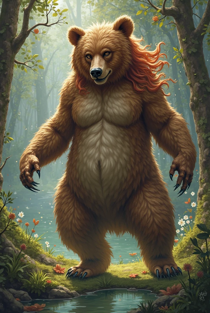 ultra-detailed, masterpiece, masterwork, high quality, best quality, hdr, nature, forest, waterfall,nsfw, (solo), male, dragon, chibi, (red little body minotaur), (torn loincloth, undressing), (chubby body), (long golden hair), (yellow eyes), standing, dynamic angle, (foreskin, big penis, detailed penis perfect balls), cross your arms, wet body