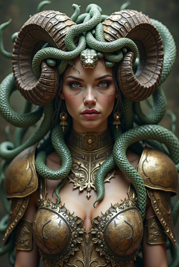 (masterpiece, best quality, high resolution:1.2), 1girl, (sexy detailed and beautiful face), gold snake, golden snake eyes, gold theme, snake scale, snake skin, (snake scale dress), snake scale glove, gold makeup, ((snake hair)), ((slit pupils)), snake neckless, face tattoo, pussy, nipples, (upper thighs shot), thunder background, <lora:gorgon:0.8>,