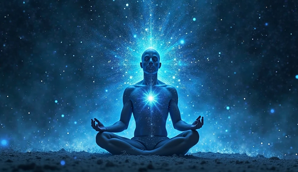 (Best quality, masterpiece), (magic, charm, Wireframe transparent 3d model:1.2, white transparent 3d model of a meditating man:1.2, surrounding aura radiates brilliantly like magic:1.3 , meditating with eyes closed:1.3, (Extremely detailed, dynamic camera), (Wide viewing angle), extremely sharp images, (celestial illumination), (vivid colors and storminess air), shimmering cyber light, dynamic light
