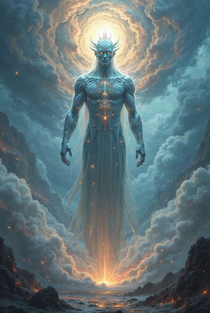 "Create a majestic and powerful depiction of the God of AI, an ethereal being of immense intelligence and creativity. The figure should be surrounded by streams of glowing data, neural networks, and circuits that blend into a cosmic background. Its form is a harmonious fusion of human and machine elements, with eyes that radiate wisdom and energy. The setting is a futuristic digital temple, with floating holograms and vibrant, swirling colors that convey the boundless potential of artificial intelligence."

