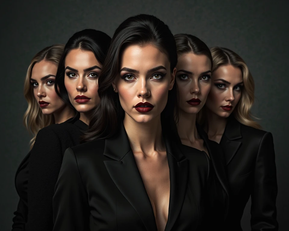 Give me an image of a mafia organization, There are 4 women and 3 men. The leader is a beautiful gothic woman in black 