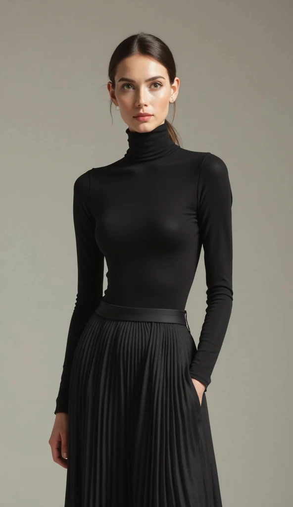 Best quality, masterpiece, ultra high res, (photorealistic:1.5), raw photo, 1 mature Ancient Egyptian girl, (((black long sleeve turtleneck dress))), black coat with fur, in the dark, deep shadow, low key, cold light, sexy look, black Cleopatra's hair (((black hair))), bright eyes, yin sanpaku eyes, eyeshadow, (((plain white background))), cinematic studio lighting