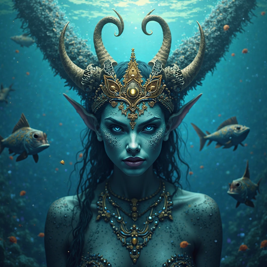 Avatar Na'vi alien Neytiri, orange wings, water Angel, under the sea, yellow-lit fish, shoal of fish, kundalini, corals, ancient source energy, in harmony with nature, dark black universe skin, alone, muscular