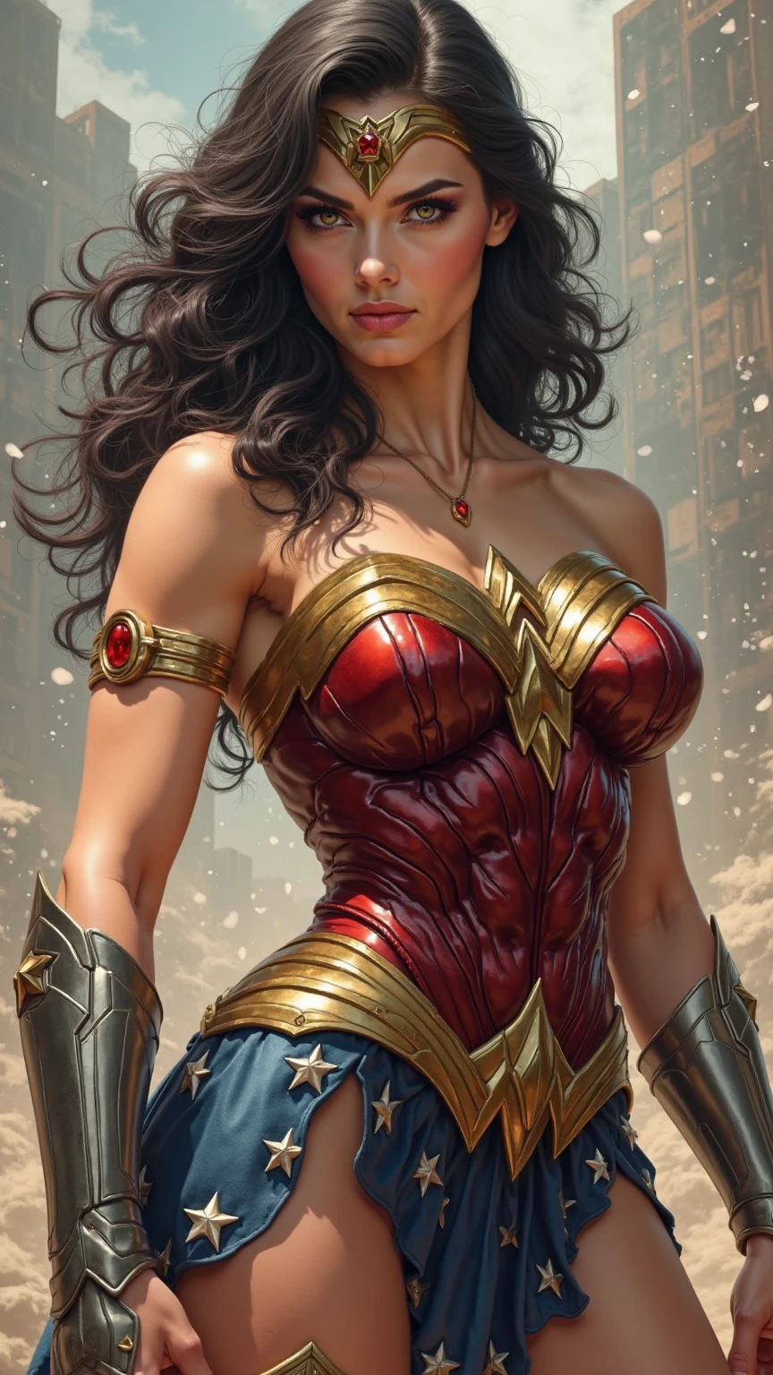 (ultra realistic,32k, masterpiece:1.2),(high detailed skin:1.1),( 8k uhd, dslr, high quality:1.1),
<lora:ww_v1:0.7>ww, wonder woman, 1girl, solo, breasts, black hair, brown eyes,, , <lora:add_detail:0.94>, (huge breast:1.1), (sweaty:1.1),
(looking at viewer, sitting, from below:1.1),,
,(iridescence:1.1), mountain,. hot springs, steam,