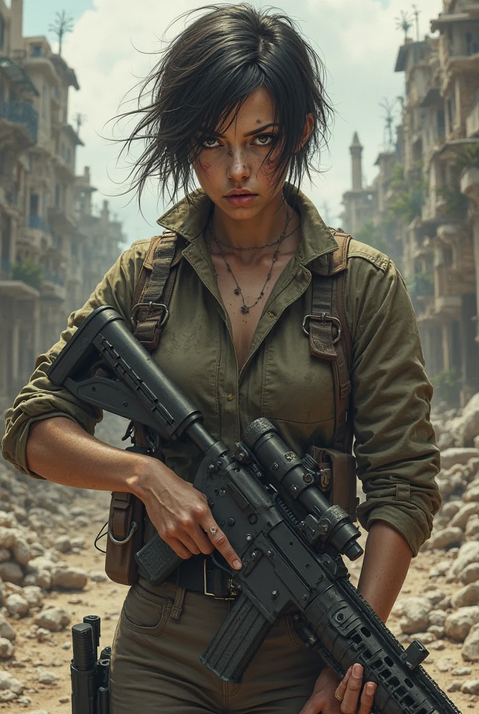 (high quality), (dark), (realistic photo) woman with torn clothes, large breasts, gray hair and green colored eyes. Post-apocalyptic world, explosion. (Shadow of a man with a gun) --auto --s2