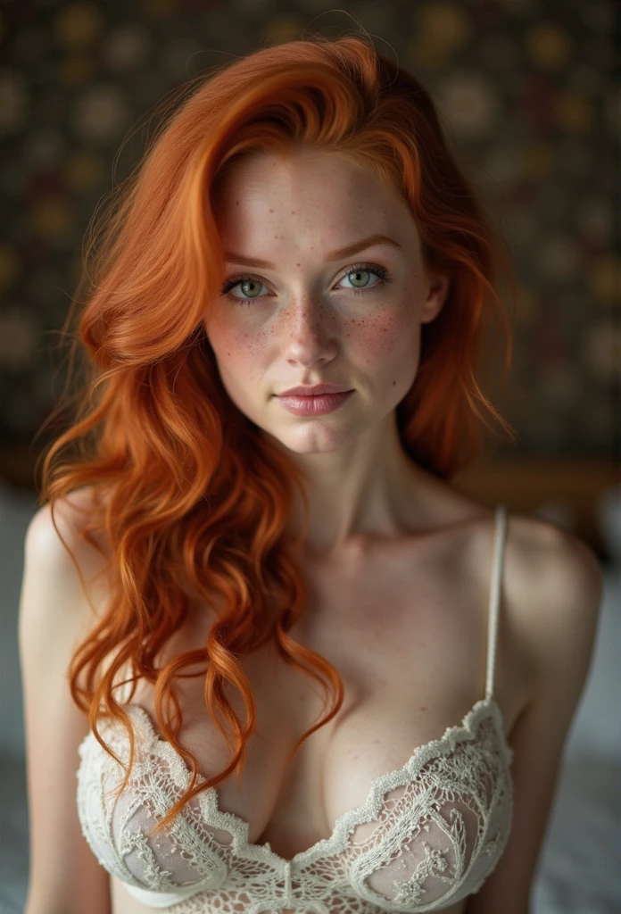 arafed woman with red hair and blue eyes sitting on a bed, redhead girl, she is redhead, red head, beautiful redhead woman, redhead woman, redhead, with red hair and green eyes, ginger wavy hair, with curly red hair, one is a redhead, smooth red skin, sexy girl with green eyes, red haired goddess, sexy look at the camera