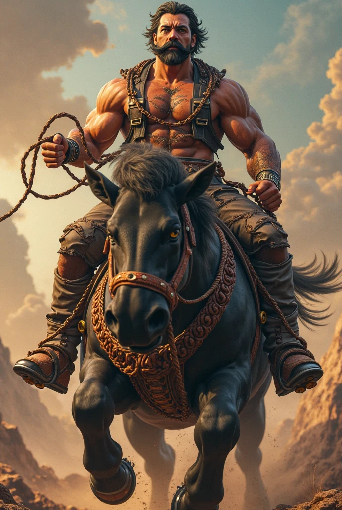A centaur sprints across the plains with a spear in hand,Panning shot,Trained muscles,Dynamic Scene,mature,Experienced,