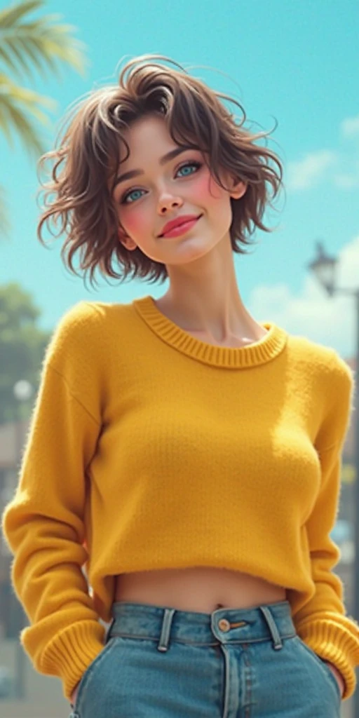 A , hair with a short skirt and a yellow sweater, And she has Asul Seleste 