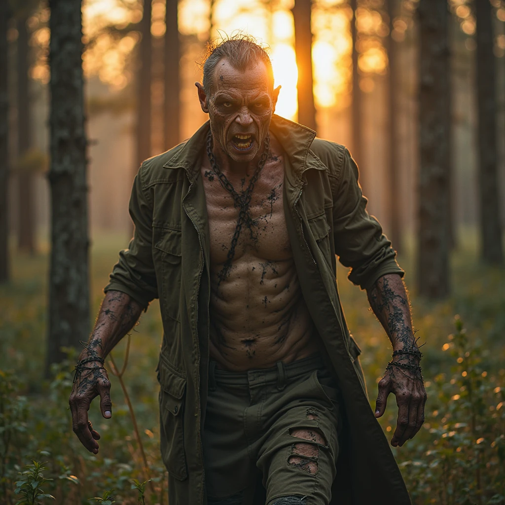 Zombie, male, middle-aged, decay, green skin, dirty full-body photo, very tattered clothes, looking at smartphone screen, touching smartphone, dirty skin, dirty hands, taking a selfie, whole body visible, smiling, jumping, green skin, decayed face, tattered dirty clothes, peeled skin, lots of blood, injury, axe, rotten skin, red eyes, dirty messy hair, less exposed skin, beautiful cafe