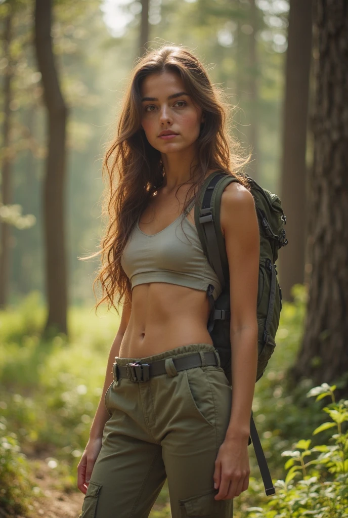 (Masterpiece), (Best Quality), (Super Detail), Finely Beautiful Eyes, Delicate Beautiful Face, Height: 5'4", Weight: 115 lbs, Body/Figure Type: Athletic, Eye Color: Hazel, Hair Color: Chestnut Brown, Skin Tone: Fair, She wears wet cargo pants and soaked thermal top, Standing out side of a tent in the forest during the night time in a heavy storm, gloomy, wet hair, sexy