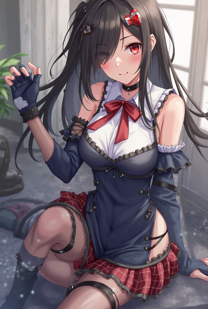 table top, High resolution, 8k, anime woman, detailed digital illustration, very long hair and shiny, maid, big breasted woman,adult women))), 20-year-old, T-back, (lift skirt), (pull your panties down to your knees:1.3), Happy, blush, (white panties), panty shot, inside the room, between legs, from below,