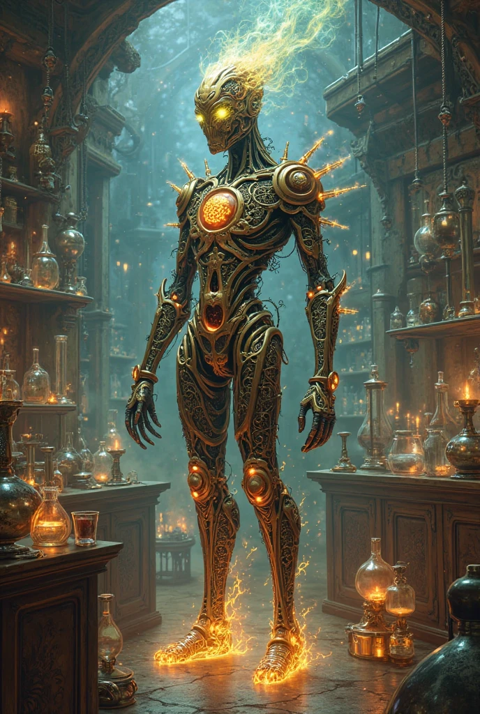 RAW Halloween Photography. GlowStyle Turquoise looks at the viewer., One, (whole body:0.6), detailed background, detailed face, (Cogpunks, cogpunk theme:1.1), medieval alchemist, Safety glasses, Workshop in the background, alchemical tools, metal container, tubes, bottles, beakers, powder, smoke, The Philosopher's Stone, magical fantasy atmosphere, , (masterpiece:1.3) (Best quality:1.2) (high quality:1.1)