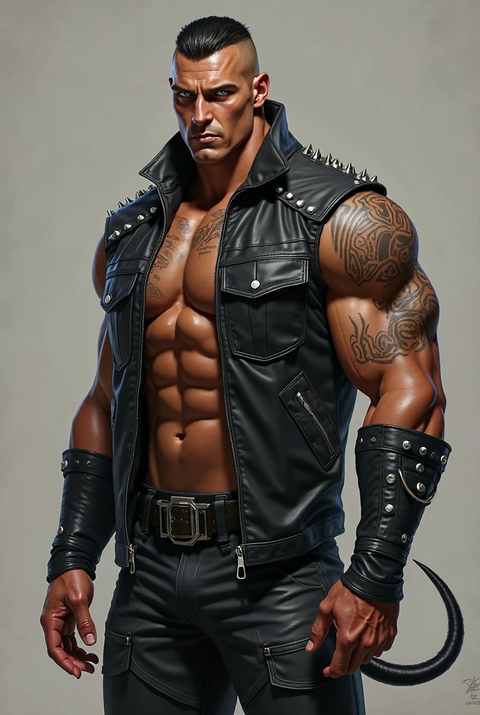 Full body photo of an Black endomorph muscular man, 44 years old, shirtless, military haircut, beardless, moustache, muscular shoulders, muscular arms, muscular forearms, muscular breasts, muscular butt, Muscular thighs, muscular calves, wearing shiny cavalry leather boots, black leather belt, black leather gloves black leather pants, black leather harness, SS cap, 6,7 feet tall, thin defined torso.