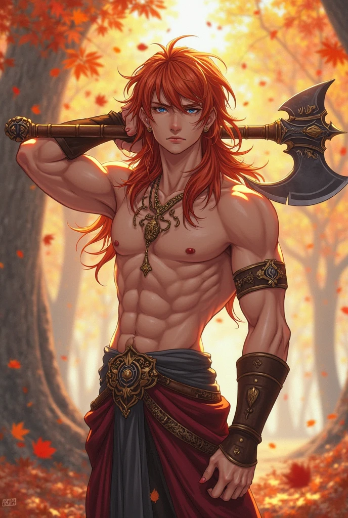 A full body image like a renaissance art piece of one extremely handsome male elf wearing just a small black thong, clean shaved, athletic body, (white skin), bare chest, pant-less (long orange scruffy hair), serene expression, small waist, muscular.