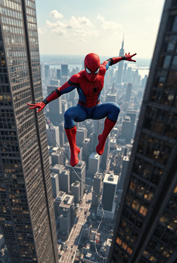 Realistic photo style: Spider-Man jumping from one building to another, loosening the web with a scene of a metropolitan city in the back