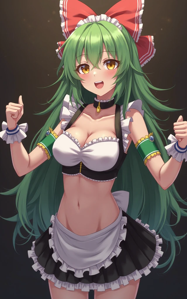 tmasterpiece,super-fine,Best quality at best,1girll,the maid outfit,On stage,Leaky ,Leaky thighs,Open navel,Leakage of the clavicle,Green hair