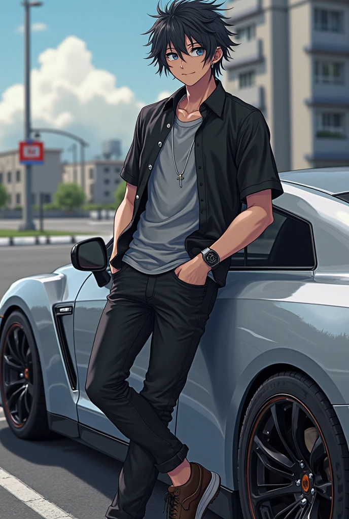 Percy Jackson, 13 years old ???, masterpiece, highres, average height, raven black hair, messy hair, slightly short hair, shirtless, tanned mediterranean skin, sea green eyes, handsome face, smirking, looking at viewer, injured, Percy is standing and you can see his full body from head to toe in the picture. He is wearing black running shoes and shorts, and is shirtless. He is rolling his wrists. . He is towing a car.He is towing a car.He is towing a car.He is towing a car. He is thin and lean with slight hints of muscle. He is a 13 year old ???. He looks badass and is smirking
