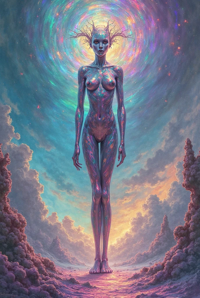 Eye level angle,a beautiful scenery space glass woman body,star pieces moving inside body,transparent,traluscent,beautiful design,high detailed design,  landscape,purple galaxy glass statue,front view,front stance,arms open streched