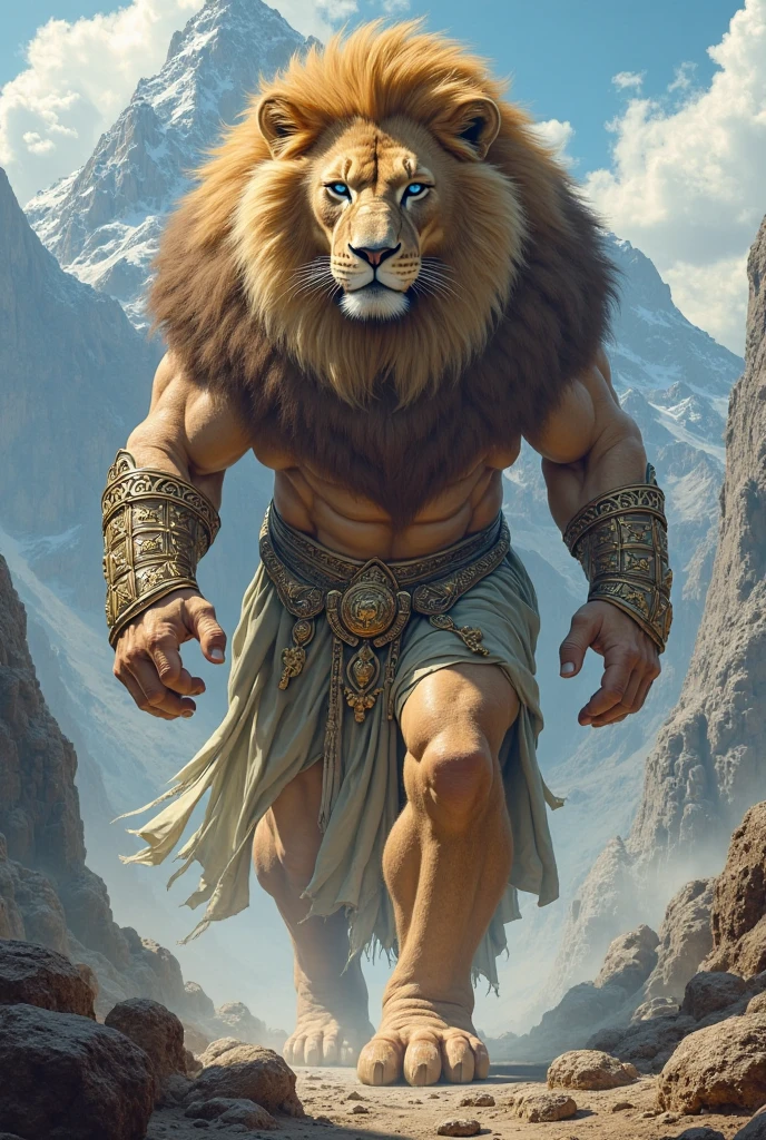 (Best Quality, ultra-independent) Male lion with a very thick blonde mane., gold eyes, and a slightly muscular body, adorned with a subtle round belly. Stands confidently with his feet in the desert., the warm sunlight casting a golden hue on his body. , creating an environment, his muscles shining in the sun. The scene is rendered in exquisite detail and has a realistic quality.., delivering a masterpiece that is sure to captivate the viewer. and the character can be seen in full body from head to toe.