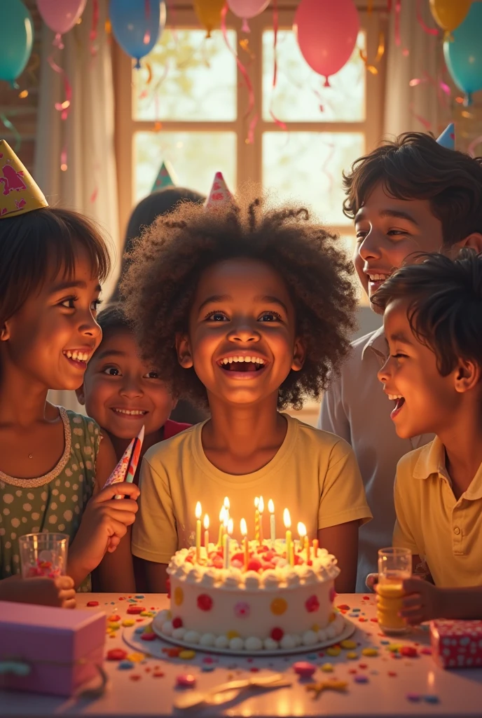 Believe me, an image where a birthday is celebrated with two white girls and a dark-skinned boy, one of the girls holds the cake and the boy applauds.