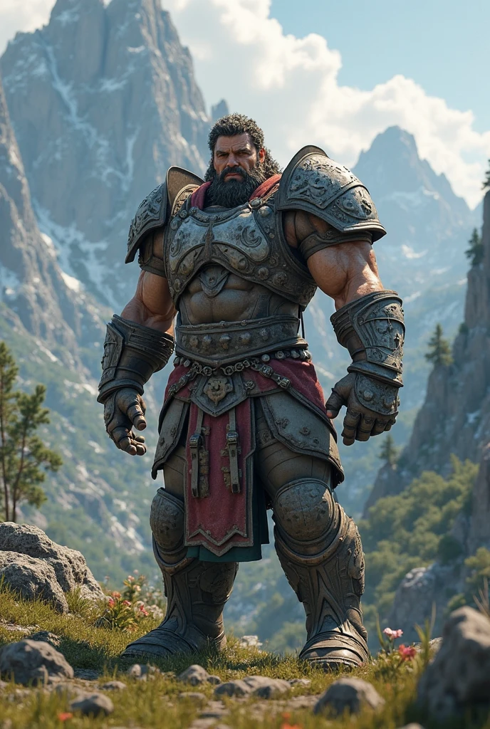 Full body face to feet image,  Physique old warrior guy wearing revealing armor, revealing armor, and holding ancient sword in his hand, angry look, perfect face details, perfect physique body details, ancient temple background, 12k, realistic photography, more details, wearing a latex thong, big bulging crotch, crotch in focus, almost naked, bodybuilder, face looks like Howie Long, full body visible, 