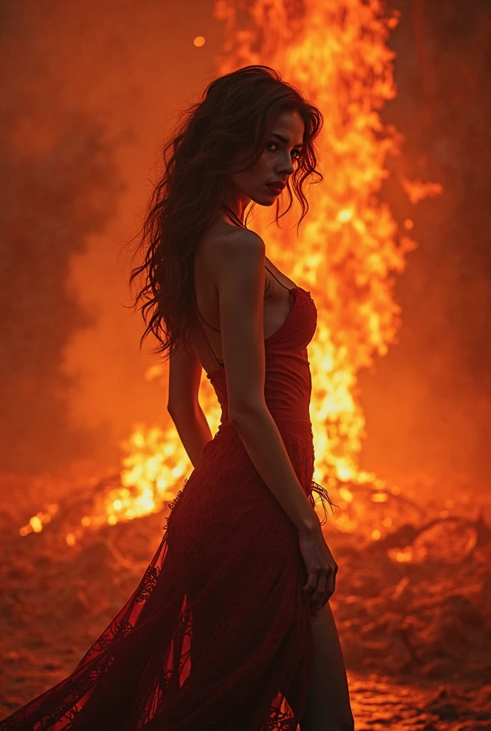 A beautiful woman, waering a short sleeveed red dress, jumping into a pit of lava, underground 