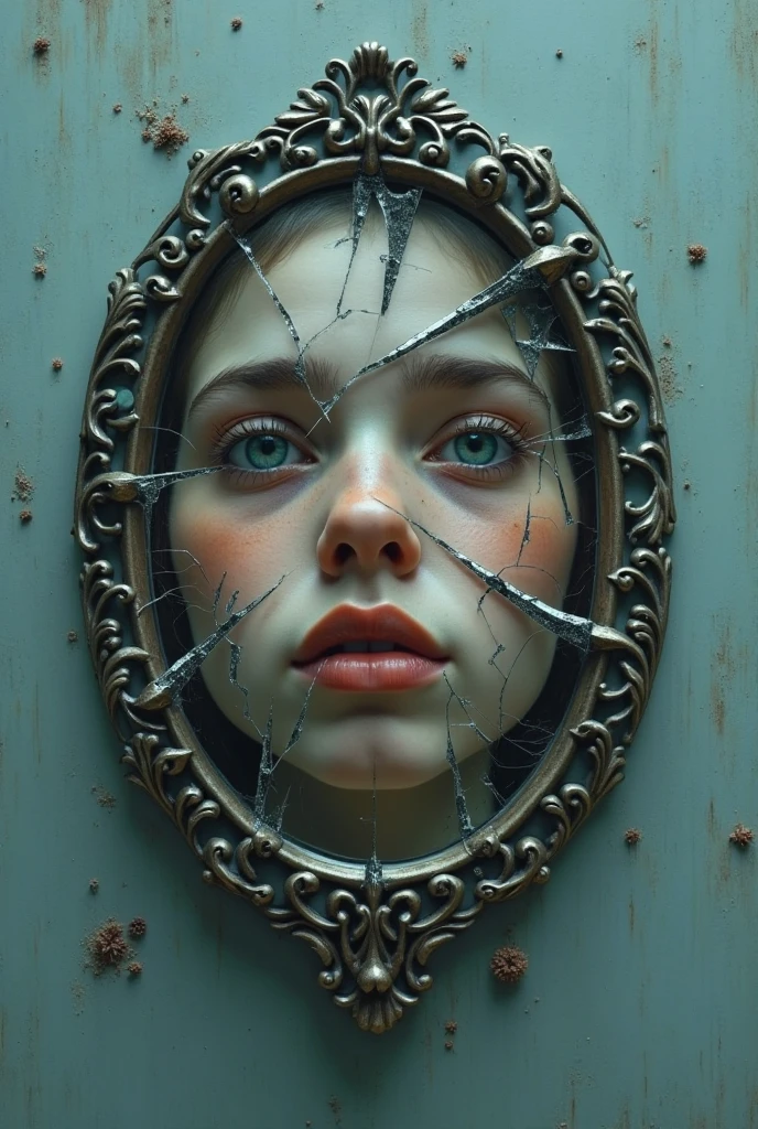 A beautiful girl looking at herself in the mirror and seeing in her reflection the insecurity --auto