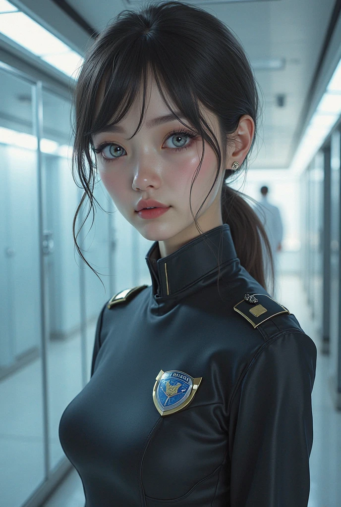 8k, Ultra-high resolution, Highest quality, masterpiece, 三分割法によるphotograph,Surreal, photograph, 1 , (:1.3), cute, cute顔, 細部までBeautiful Eyes, 細かくdetailedに,masterpiece,One Girl:1.2,Japanese women,Policewoman,upper body,glaring,Black short hair,Ponytail,ID photo,(Police officer of the future:1.3),cyber punk,Future City,white collar,((Fusion of humans and androids))(Beautiful attention to detail),Subtle details, detailedな顔,anger,Attractive eyes,(ポートレートphotograph:1.4),(Photorealistic images:1.4),Fantasy art,(Beautiful Face:1.4),美しくAttractive eyes、Beautiful Eyes,Silver residue,(Tight waist:1.4)、(Beautiful with perfect body proportions:1.4),Pink Lips,profile,(((Ideal body type))),A-cup small breasts :2,、Portraiture:2、Perfect Anatomy、鮮明なdetailed、detailed,Fashion magazine cover,Thin lips,完璧でBeautiful Face ,完璧でcute顔, Skin with attention to detail, Perfect limbs、Narrow waist,Surreal,Light and shadow,spotlight
