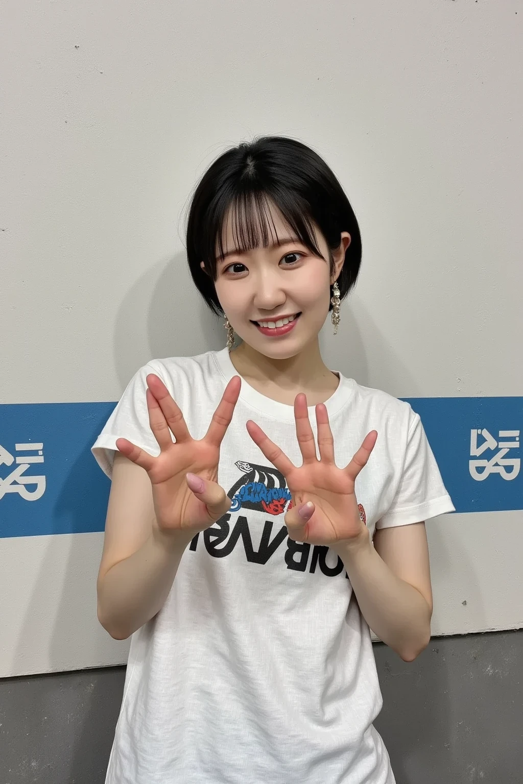 long tongue,Laughing with your mouth wide open and showing your teeth,Natural smile,(((peace sign))),peace sign,peace sign,Japanese girl,20 year old girl,Beauty,Beautiful face,Cute face,Mischievous expression,Tank top,