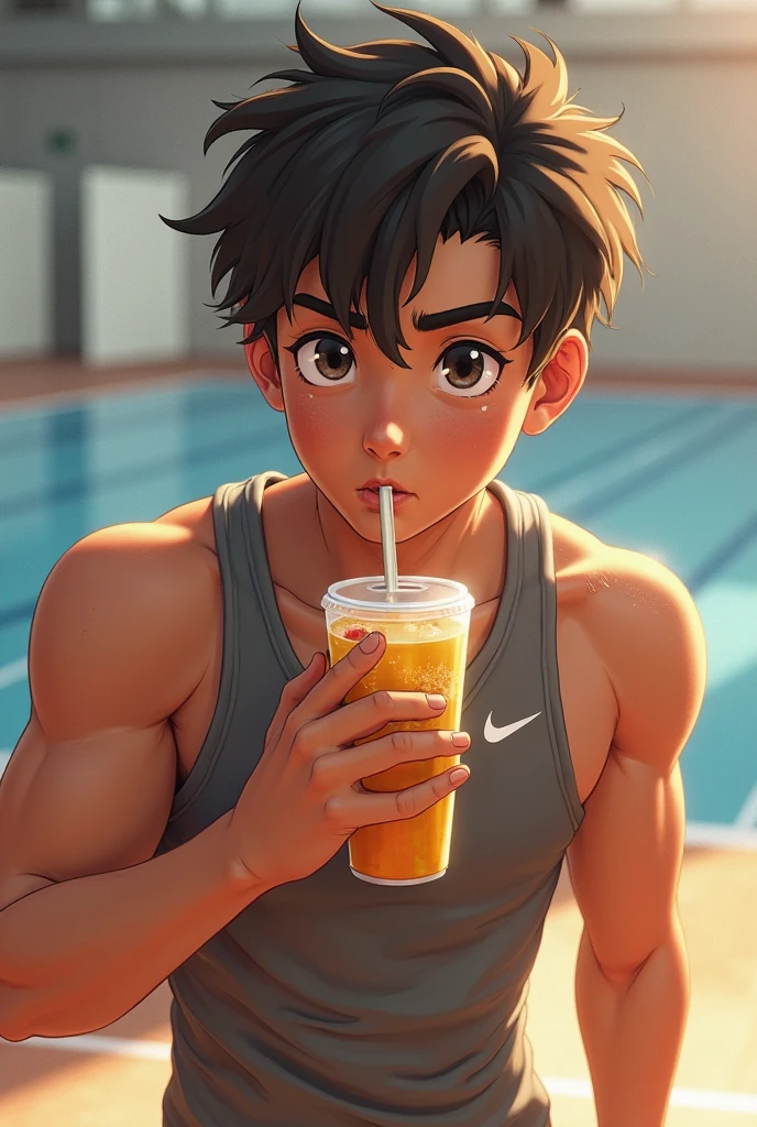 Highest quality,Highest Resolution,A beautiful boy with a crying face running through the stadium,Tank top,Sport hunting,sunny,Open your mouth wide and drool,Tears,Sweat profusely,Abdominal muscles,Muscular,(((Drink a drink)))