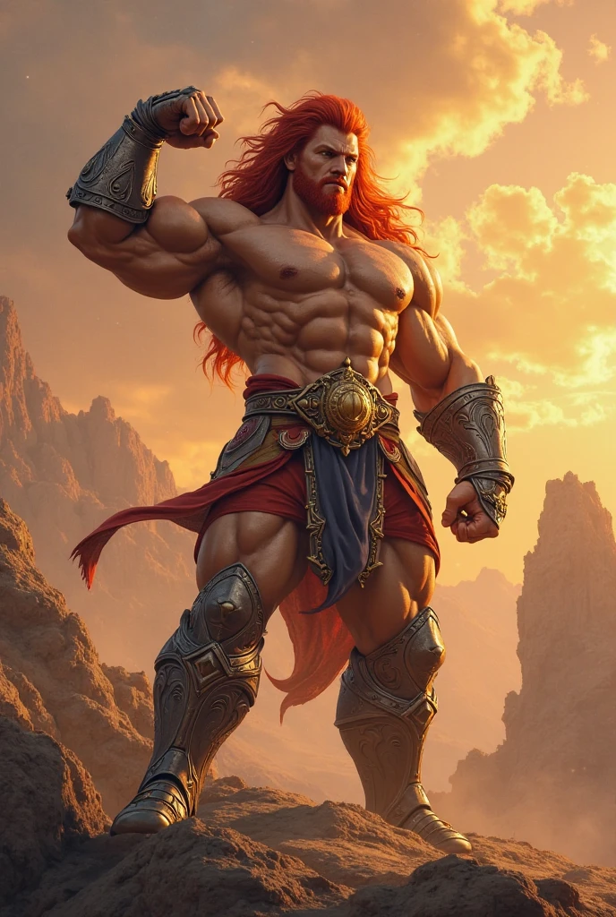 (best quality,highres,realistic:1.2),detailed red long flowing hair,(handsome,detailed:1.1) face with piercing blue eyes, (athletic:1.1) body with well-defined muscular arms and legs, (fierce:1.1) expression, (confident:1.1) posture, (fierce:0.9) and provocative pose, (strong and powerful:1.1),(leather, revealing:1.2) barbarian outfit, (intricate, detailed:1.1) armor with tribal patterns, (weapon:1.1) in hand, standing in a battlefield, (harsh:1.1) lighting with a warm sunset glow, (dramatic:1.1) shadows emphasizing his physique, (intense:1.1) and vibrant colors, showing his (fierce:0.9) nature and (dominant:1.1) presence, (dangerous:1.1) aura, (adventurous:1.1) atmosphere, (fantasy:1.1) setting, (epic:1.1) and (powerful:1.1), evoking a sense of (freedom:1.1) and (strength:1.1).