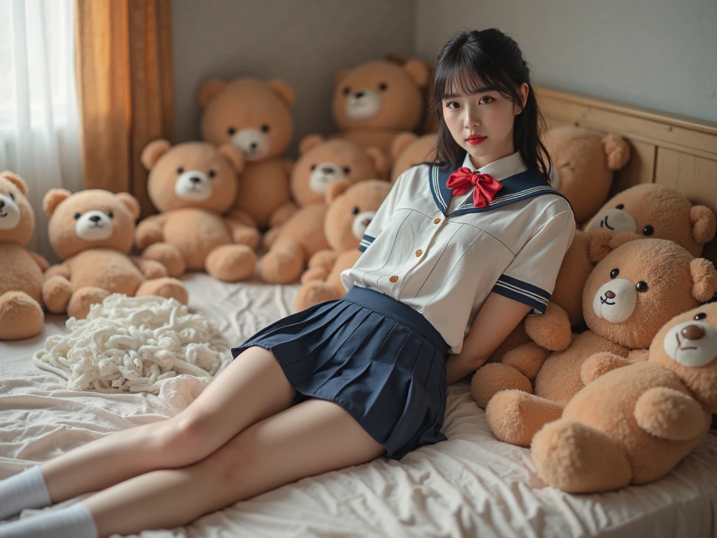 Sleeping Girl, 20 years old, Realistic,Sailor Moon Cosplay,Open legs, Expressions of satisfaction and relief, Brown hair. Pink bed theme and some cute stuffed animals on the bed,An ultra-high picture quality,high-detail,Navy blue sailor skirt,