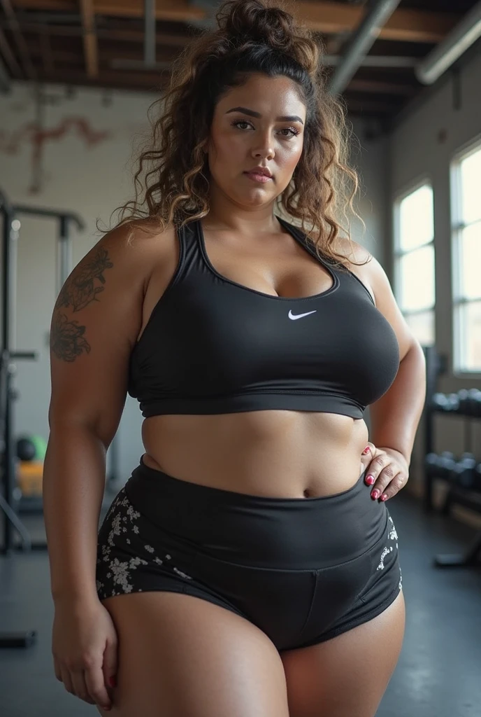 Generate an image of a woman with a standard body type. This woman has a fit appearance and is dressed in gym attire."