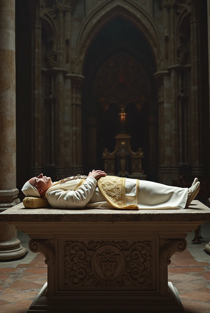 sharpened man lying on a bed surrounded by priests and priests, O Papa wakes up is his bed, O Papa is in his bed, The Catholic pope in his bed, biographical film, to alter, work of art', in this ominous scene, buried sparingly, still shot from movie, O Papa, holy, to the priests alone, worship of O Papa