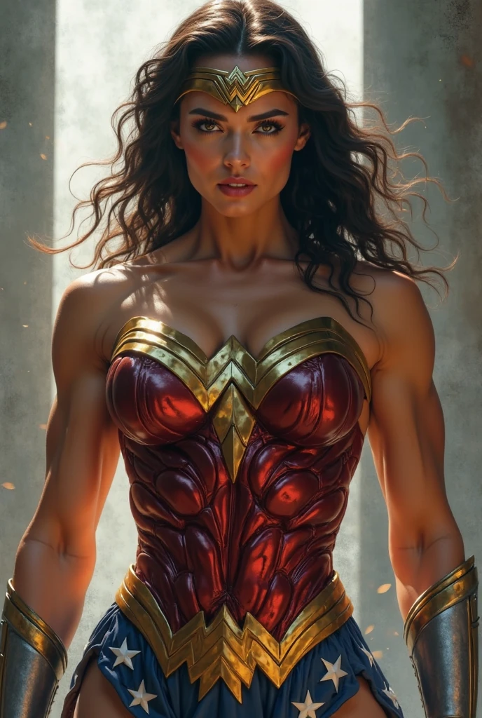 Cinematic soft lighting illuminates a stunningly detailed and ultra-realistic Wonder Woman bodybuilder, muscular, super strong, that is trending on ArtStation. Octane is the perfect tool to capture the softest details of this 16k photography masterpiece