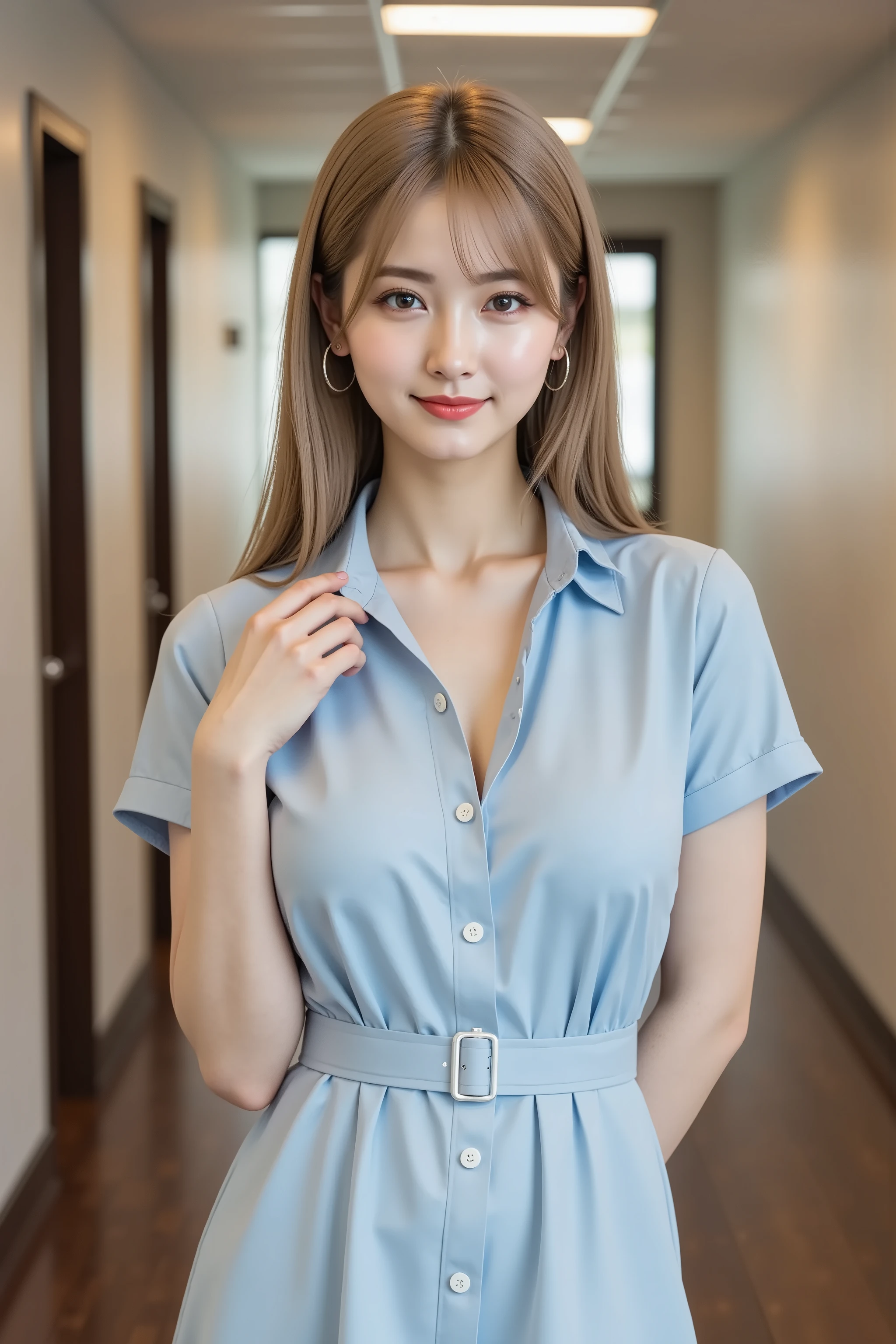 smile, hair styled in aplatinum blonde, gold hair,slender woman with firm, fully packed large breasts creating wide, deep, and boldly emphasized cleavage, wearing a light blue short-sleeved shirtdress with crisp white buttons aligned down the front and a matching fabric belt cinched snugly at her waist, the skirt hem ending mid-thigh with a slight front vent revealing her slender legs, standing in a narrow office corridor with polished dark wood floors, pale beige walls, and closed paneled doors with metal handles on either side, overhead fluorescent lights casting soft highlights, her posture poised and confident with spine straight and shoulders drawn back, her left hand raised to lightly touch the collarbone area just below the second unfastened button, fingers splayed with palms nearly flat, her right hand resting on her right thigh near the hemline with fingertips brushing the fabric and thumb hooked gently into a belt loop, her hips rotated three-quarters toward the viewer to accentuate the curve of her waist and the fullness of her bust, legs positioned close together with knees subtly bent and weight shifted onto her left leg while her right foot rests lightly on its ball for balance, her head tilted down by five degrees and rotated slightly right by eight degrees as she gazes at the viewer through lowered lashes with a soft yet assured expression, lips parted in a gentle half-smile, her porcelain skin glowing under the mixed cool fluorescent and warm afternoon light streaming from a frosted window at the corridor’s end, her long hair rendered strand by strand realistically cascading over her shoulders and back with individual wisps catching stray light, small silver hoop earrings peeking beneath her hair at her ears, photorealistic digital art, cinematic composition framing from mid-thigh to above-head in a vertical 3:4 aspect ratio, mood professional, poised, and subtly inviting