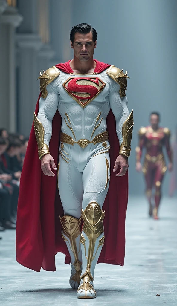 superhero with a red cape, dark brown hair and honey eyes, his white uniform, and his copy in the background showing his super power of invisibility and super strength, 8k semi realistic.