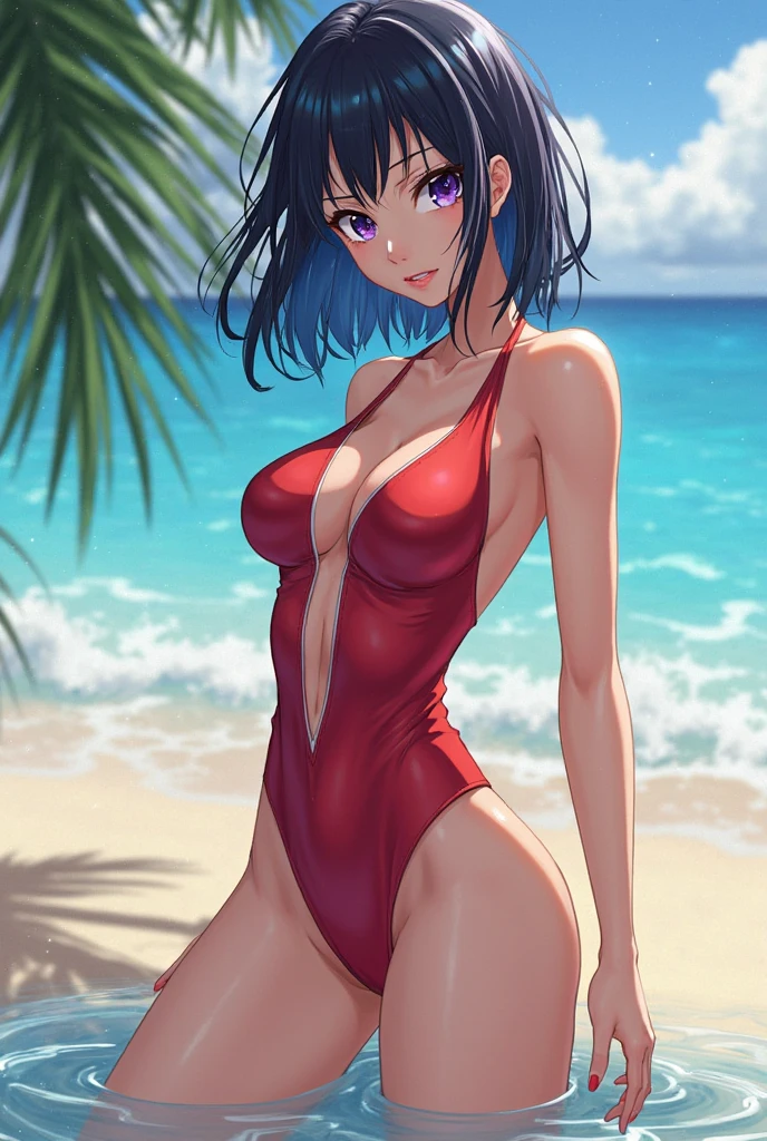 Red swimsuit Black Bob Hair Great style blush smile