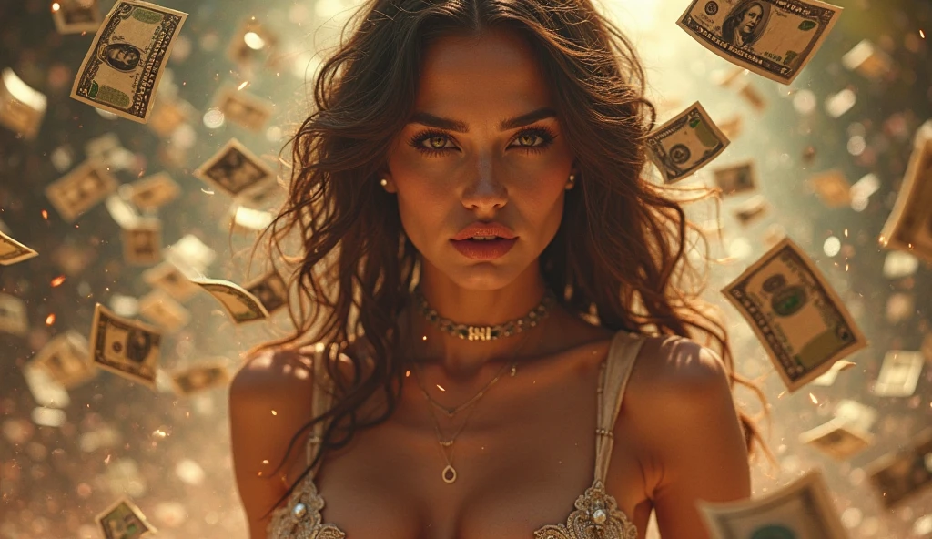 a girl with harness straps garter black belts bondage breast,singing on the stage,with dollar bill flying all around,photo realistic 8k