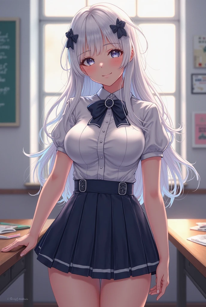 Beautiful young girl is looking at the viewer,1girl,long silky sliver hair,beautiful light blue eyes, white grey shirt ,sexy black skirt,big breasts,sexy thighs,standing pose,blushing,smile,day time,classroom,anime,masterpiece,very high quality,8k