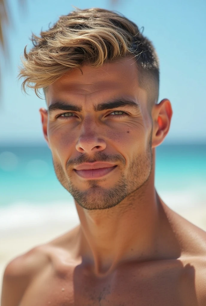 Good looking 33 year-old guy with blue eyes, short blonde hair a beard and a very hairy chest on the beach 