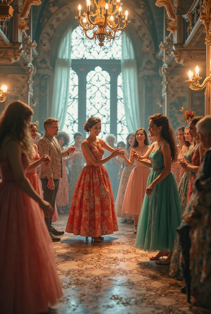 "A full-body shot of a (extra wide angle) in a dark low light medeval ballroom in an old palace. Super-big ballroom 2 queen twin sisters and their 2 girlfriends jumping arraound. The queens have a big light-colored realistic human eyes, super-long shiny blackest hair. They all have crowns on their head( Perfect beautiful teeth and mouth), ((perfect hands)), ((five fingers on each hand.)) Big breasts cleavage, (hyper realistic perfect face 1:1). White perfect skin, rosy cheeks. Some are laying on the floor and some are sitting in a middle of a super-enormous ballroom 1:3 with and pink baloons everywhere in the candelight 1:1 Wearing a layered black, white and gold ballroom dresses with lace and shiffon. On all of their head is a golden crown, adorned with pink crystals 1:1. They are laughing and laughing at eachother and rolling around the floor. A white cat lounges on a sofa in the corner 1:1, while a blue bird sits on the thrown. All of the girls rolling around in a caos with eachother. The scene ave a beautiful empresses, striking a bendover poses, curled up, excited and laughing. their long black hair flowing all around. Having fun.(Best Quality Detailed faces)1:1. A medieval fairytale vibe, with a big black intricate throne in a corner, a dark medeval chandelier with few candles hanging from the ceiling a very low romantic lighting. In a fantastic scene that uses 3D Surreal 3D model. Big gold gothic medieval five armed candlesticks sit on a blacktable.The entire setup is Best Quality, masterpiece 1:1, capturing the essence of a beautiful and happy girls, fantastical gothic setting, moist. Low lighting under neath, framed with the grandeur of medieval gothic style. (8K).