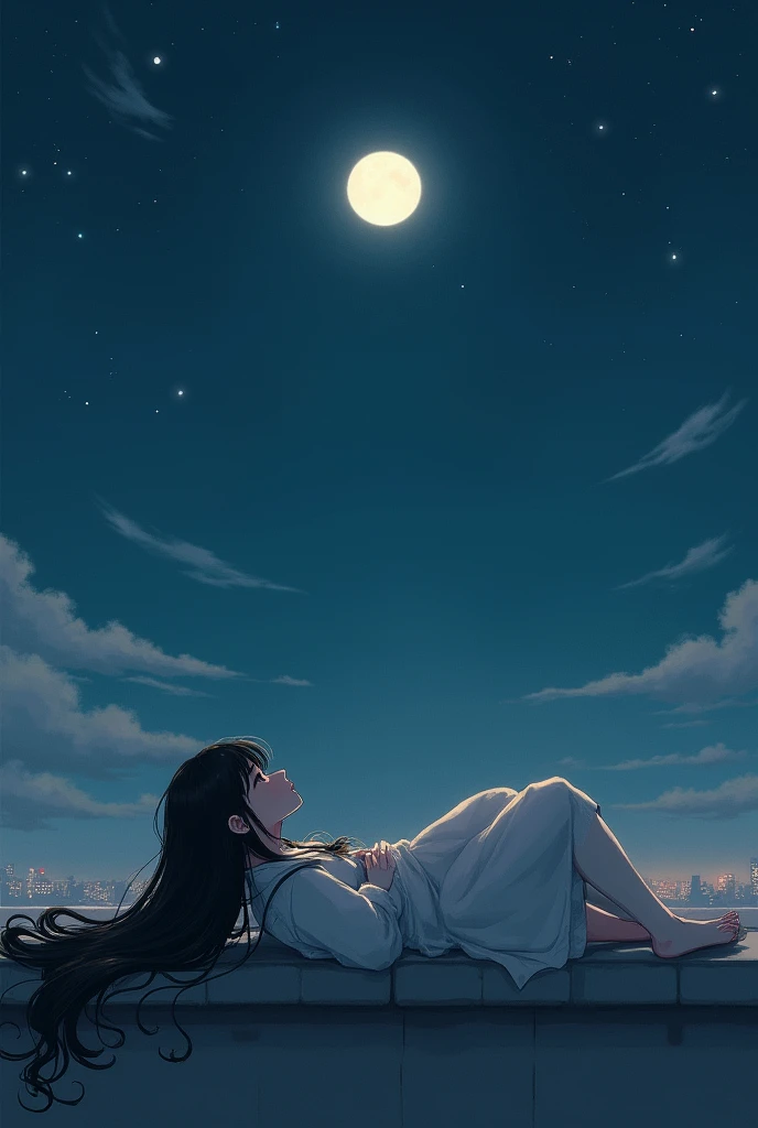 Girl sleeping face down on desk、Back view、17age、long hair、I have long hair、super high level、Outside the window is night、moon、Night view
