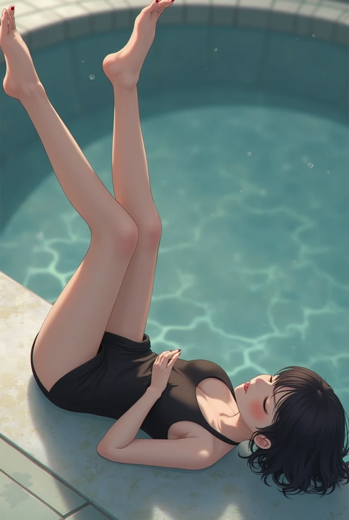 Turn to the front、Looking back to the front、Stick your butt out、Spread your ass、Spread your legs、crawl on all fours、swimsuit、、Black Hair、short hair、Short low ponytail、Pale purple eyes、Blushing、Small breasts、Small breasts、Black Bikini、lipstick、Perfect hands、Detailed hands、Poolサイド、Pool、one-piece swimsuit, strap slip、backwards、、backwards,