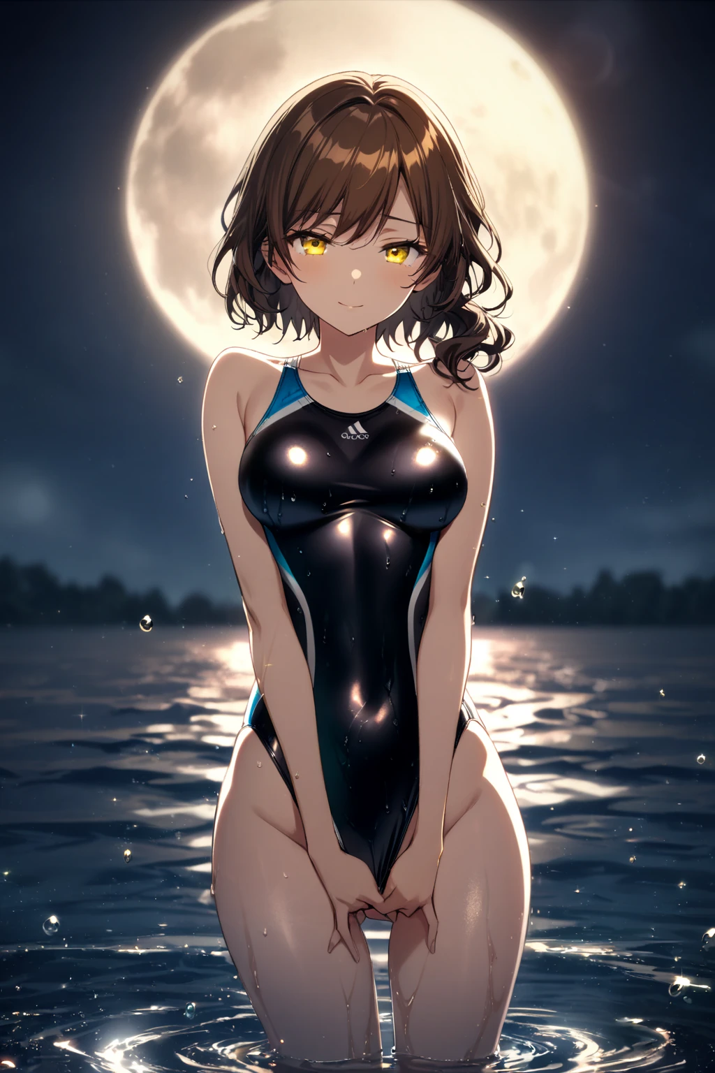 tall Slender beauty Small breasts Very short black hair teacher 30th Generation School Swimsuit Forest lake at night Standing in the lake Moonlight darkness god々Shii